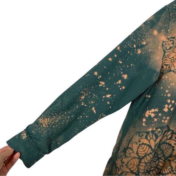 Handmade Boho Flannel Shirt Womens Medium Large Stencil Bleached Houndstooth - Picture 8 of 13